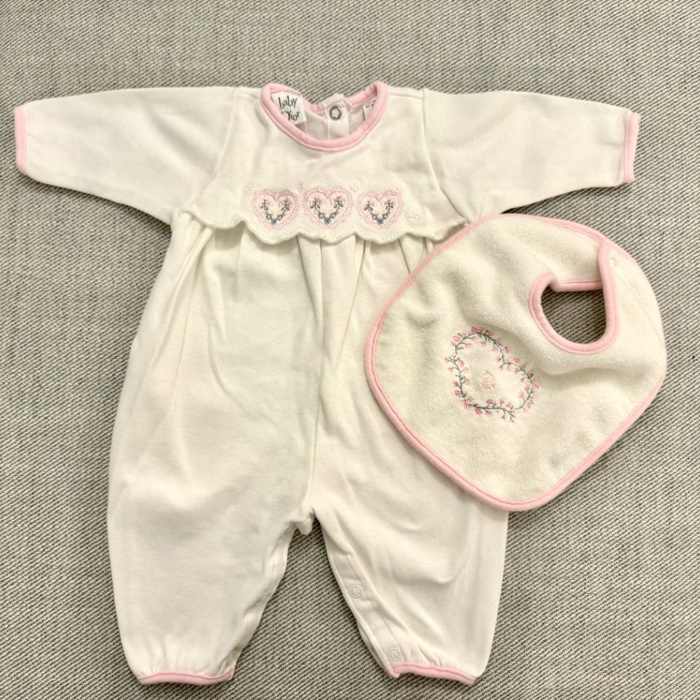 Vintage Baby Dior Baby Girl White Outfit with Matching Bib | Size 3 Months